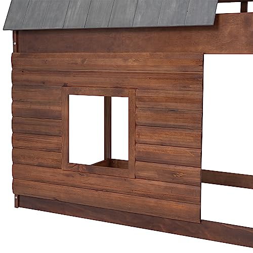 Oak & Smoky Grey Twin Over Twin Wood Bunk Bed with Roof and 2 Windows K11720