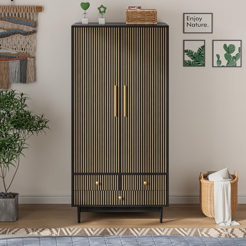 White 64.96" Wooden Armoire Wardrobe with 2 Doors, Hanging Rod, Shelf, 3 Drawers M69198