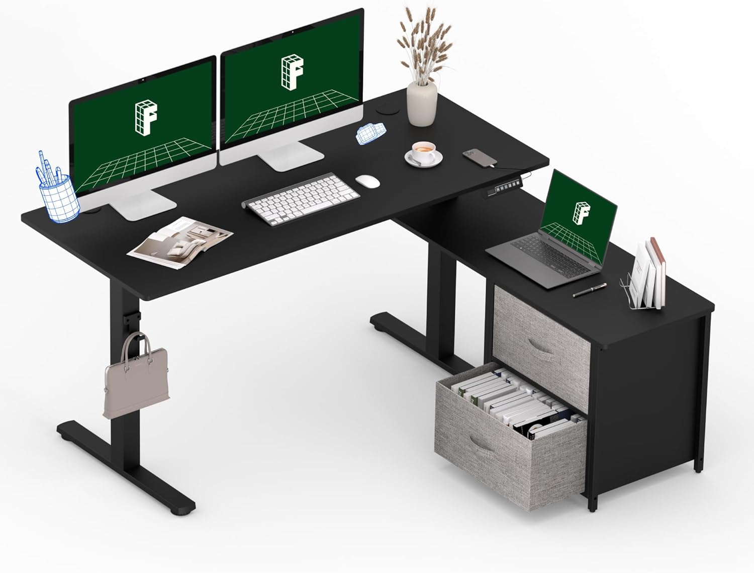 Black L Shaped Standing Desk with Drawers H38219