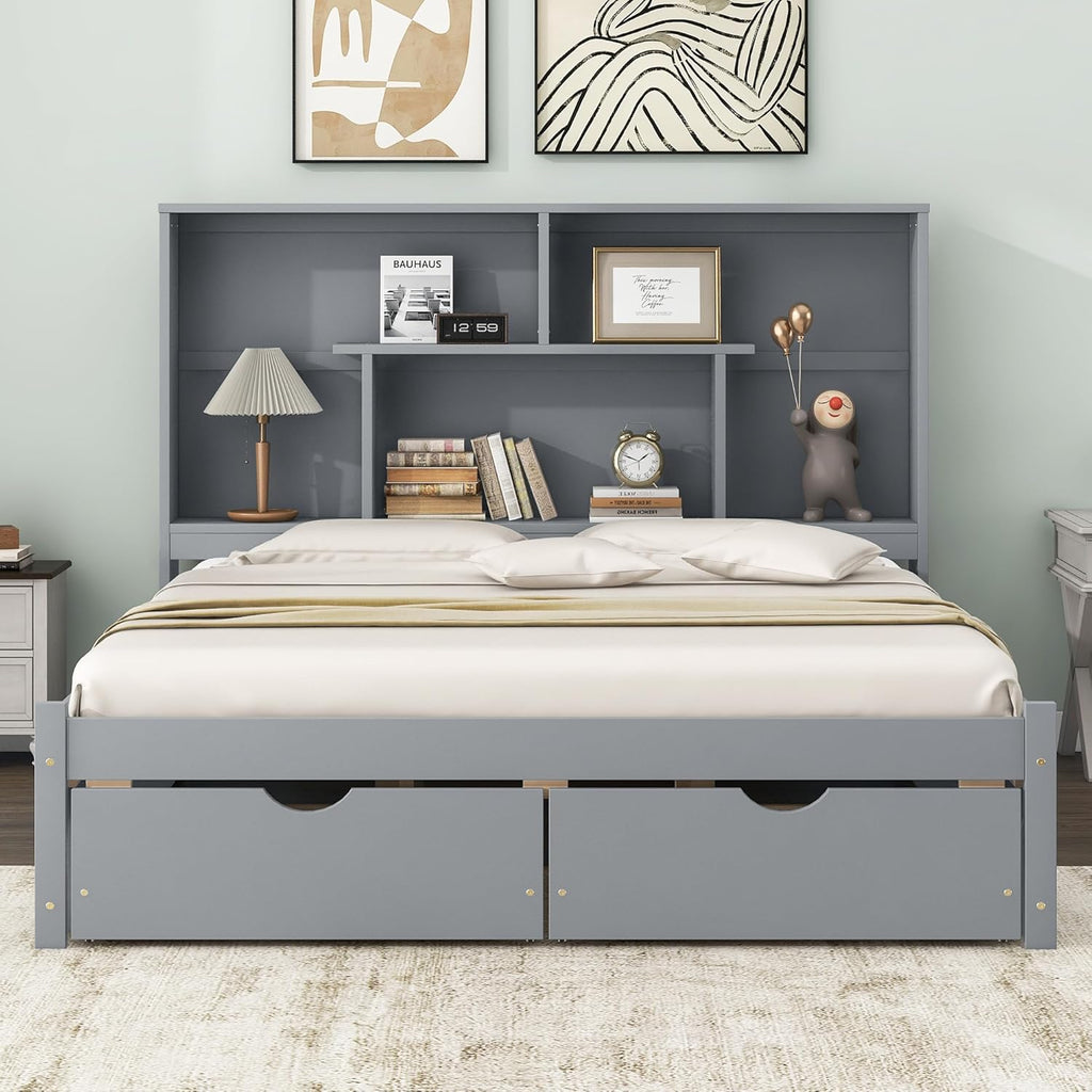 Gray Queen Size Wooden Platform Bedframe with Bookcase Headboard and 2 Storage Drawers R76788