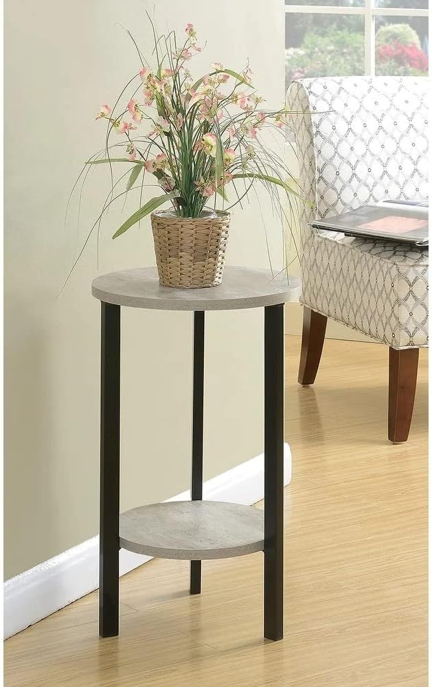 24" Tall Round Rustic End Table with Faux Birch Top, Black Metal Frame Z528