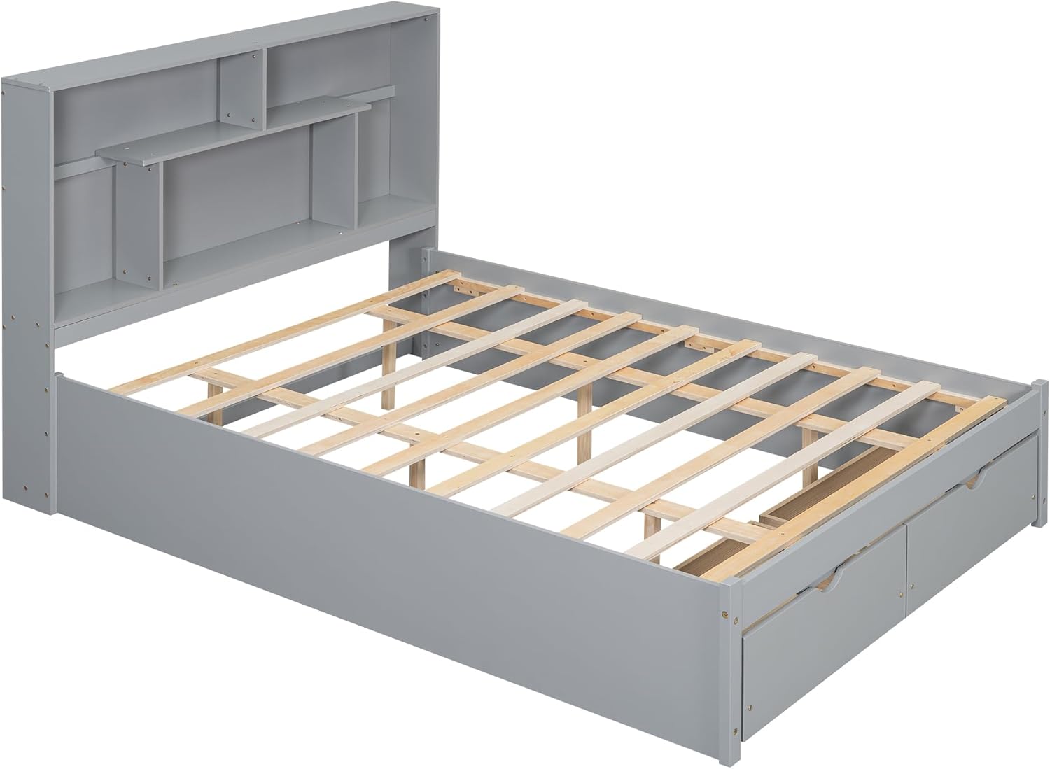 Gray Queen Size Wooden Platform Bedframe with Bookcase Headboard and 2 Storage Drawers R76788