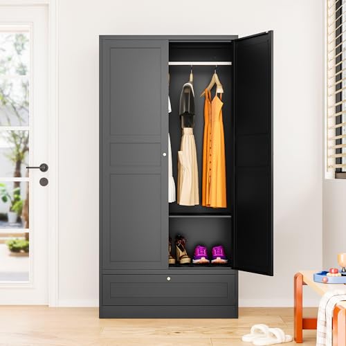 White Metal Wardrobe Cabinet with Adjustable Shelves and Hanging Rod A913069