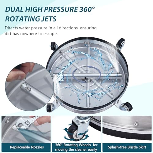 24" Pressure Washer Surface Cleaner with Dual Handle, 4 Wheels, 3/8" Quick Connect, 2 Replacement Nozzles, Stainless Steel V10172