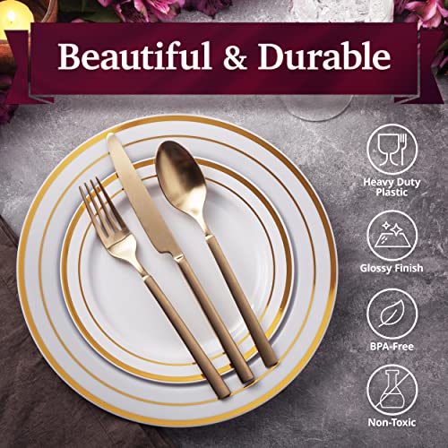 100 White Plastic Plates with Gold Trim, 50 Dinner Plates 10.25" + 50 Salad Plates 7.5" B731