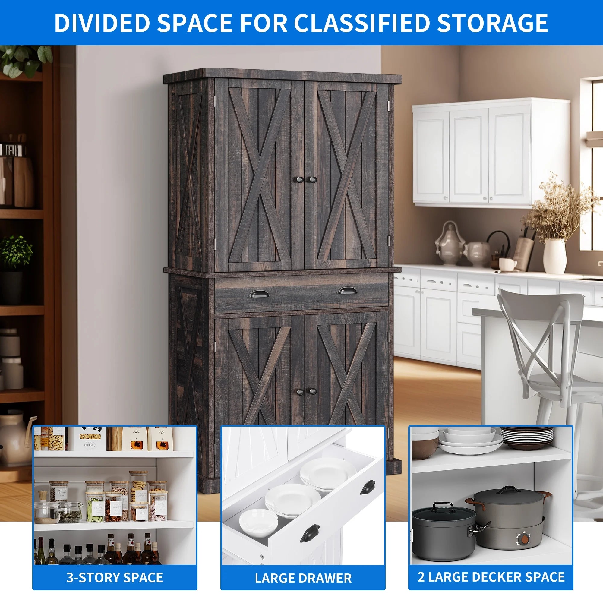 Rustic Oak 6-Tier Kitchen Pantry Storage Cabinet with 4 Doors T535147