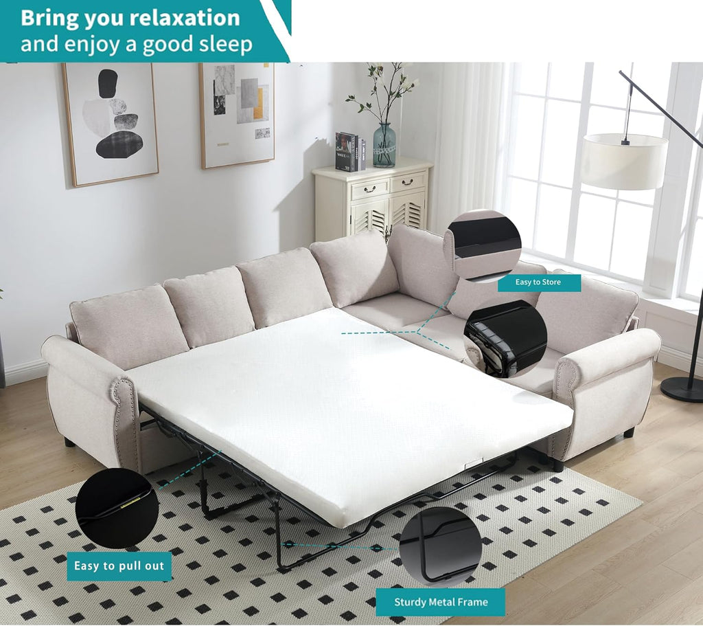 Beige Modular Sectional Sleeper Sofa with Pull Out Bed C832