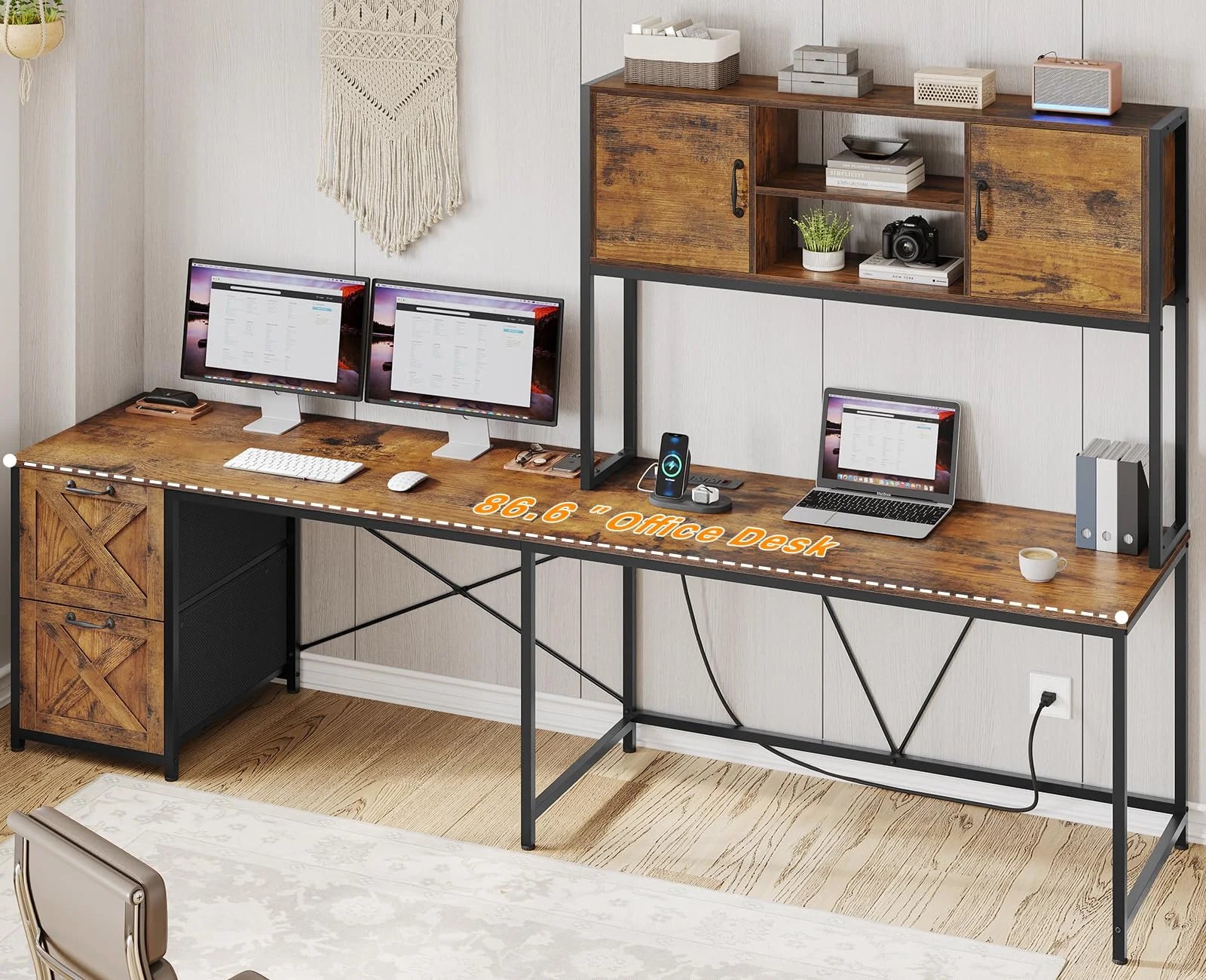 Rustic Brown L Shaped Desk with Fabric Drawers and Power Outlet S71142