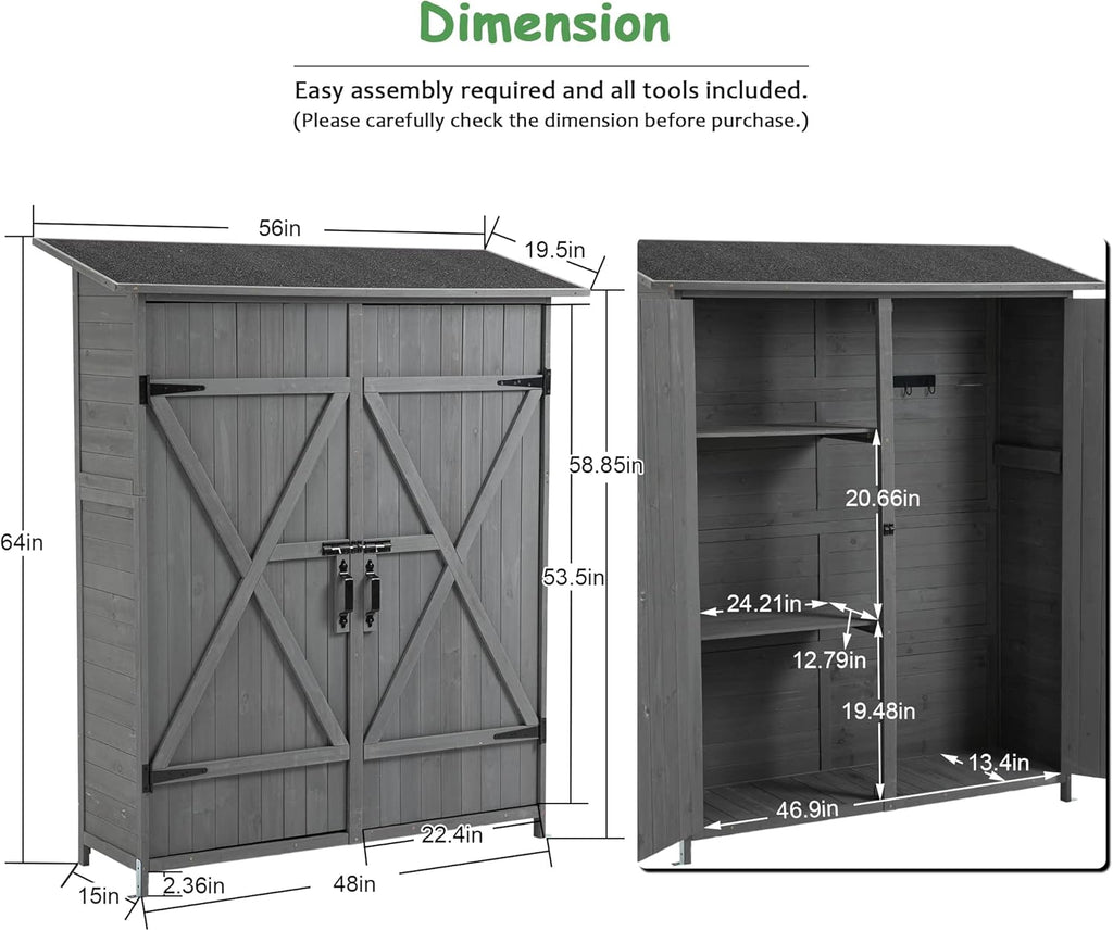 Aqua Grey Outdoor Storage Shed with 2 Lockable Doors and 2 Adjustable Shelves I43204