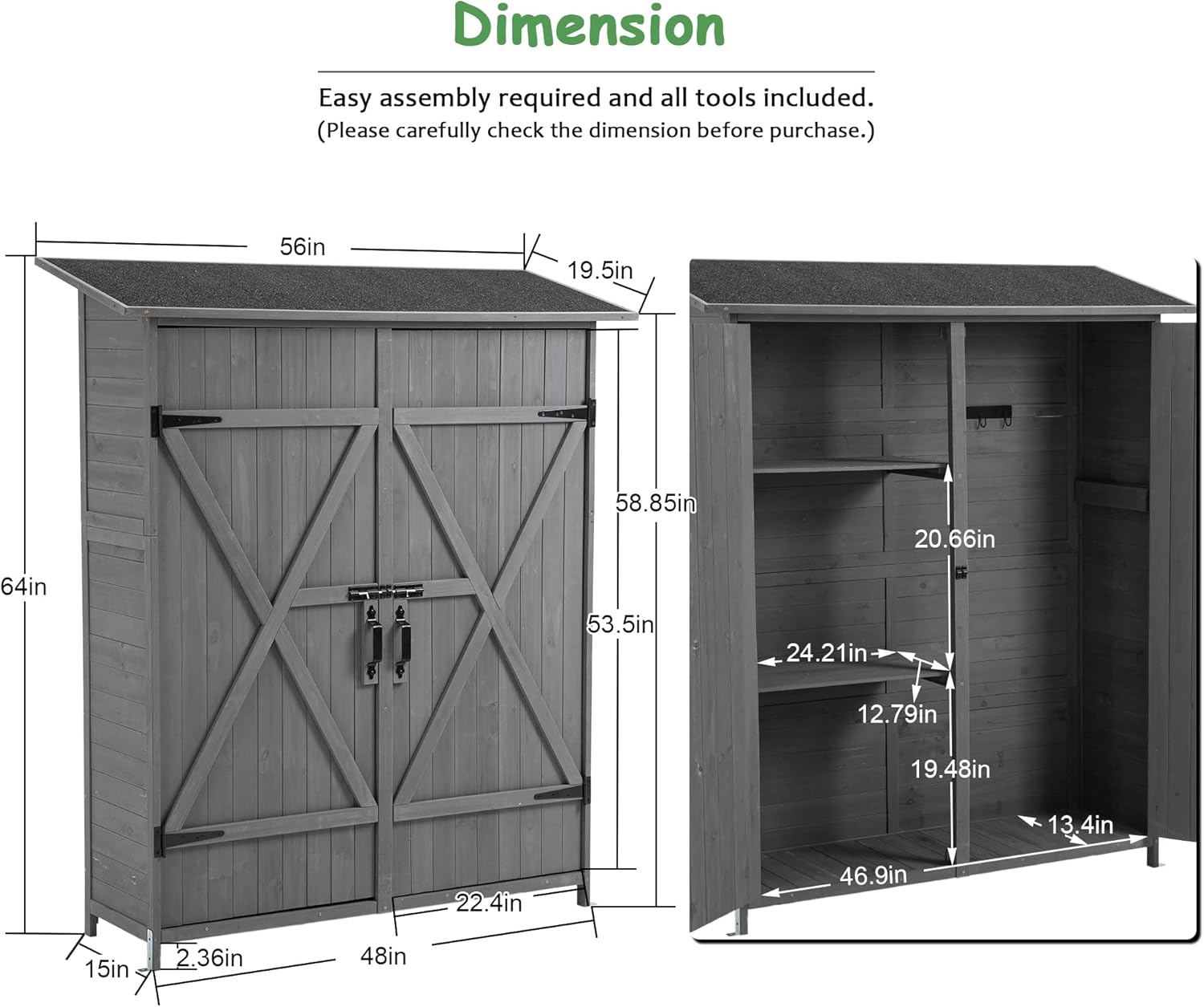 Aqua Grey Outdoor Storage Shed with 2 Lockable Doors and 2 Adjustable Shelves I43204