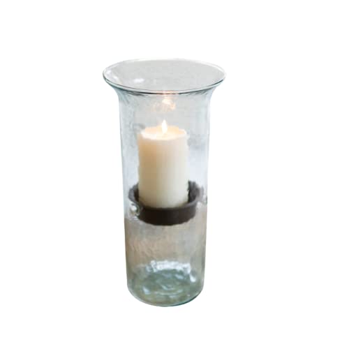 Small Glass Hurricane Pillar Candle Holder with Rustic Metal Insert I457679