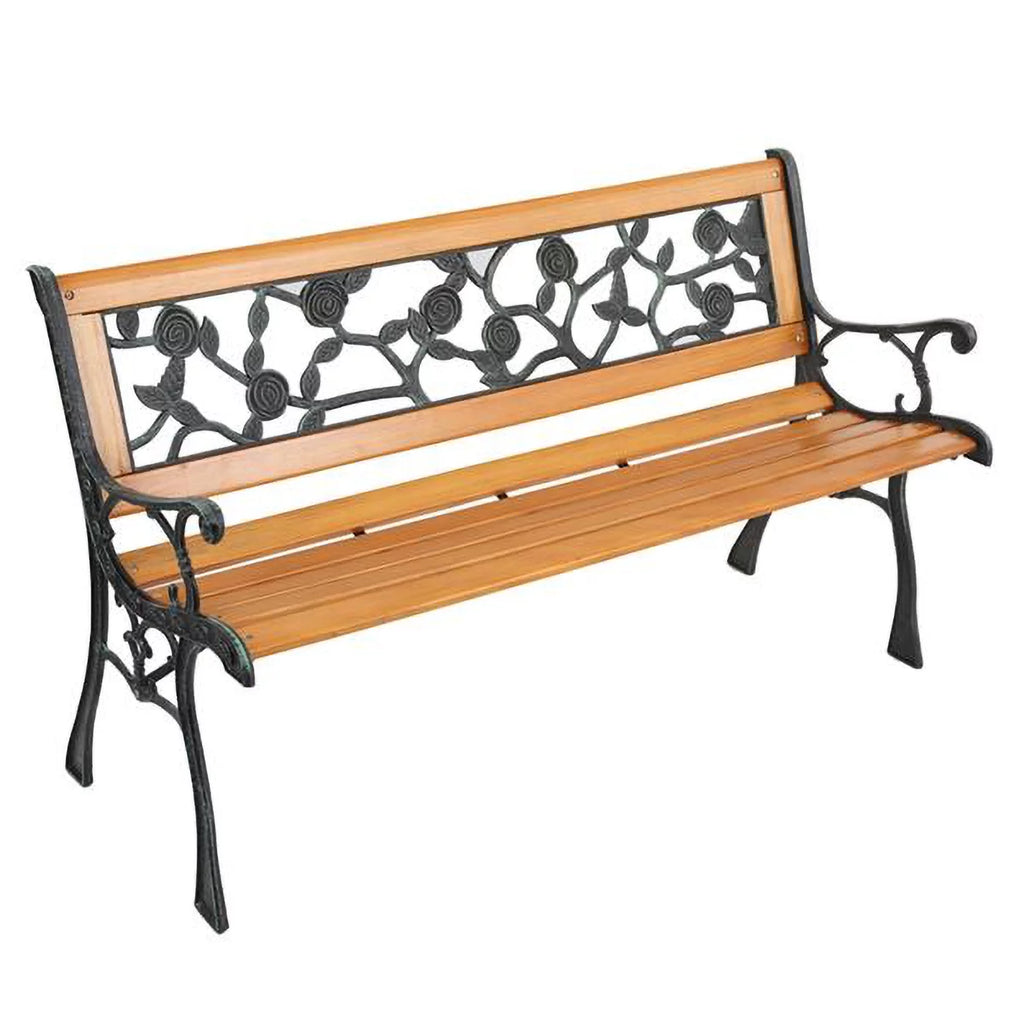 49-Inch Cast Iron Steel Frame Hardwood Garden Bench with Floral Design Backrest E14993