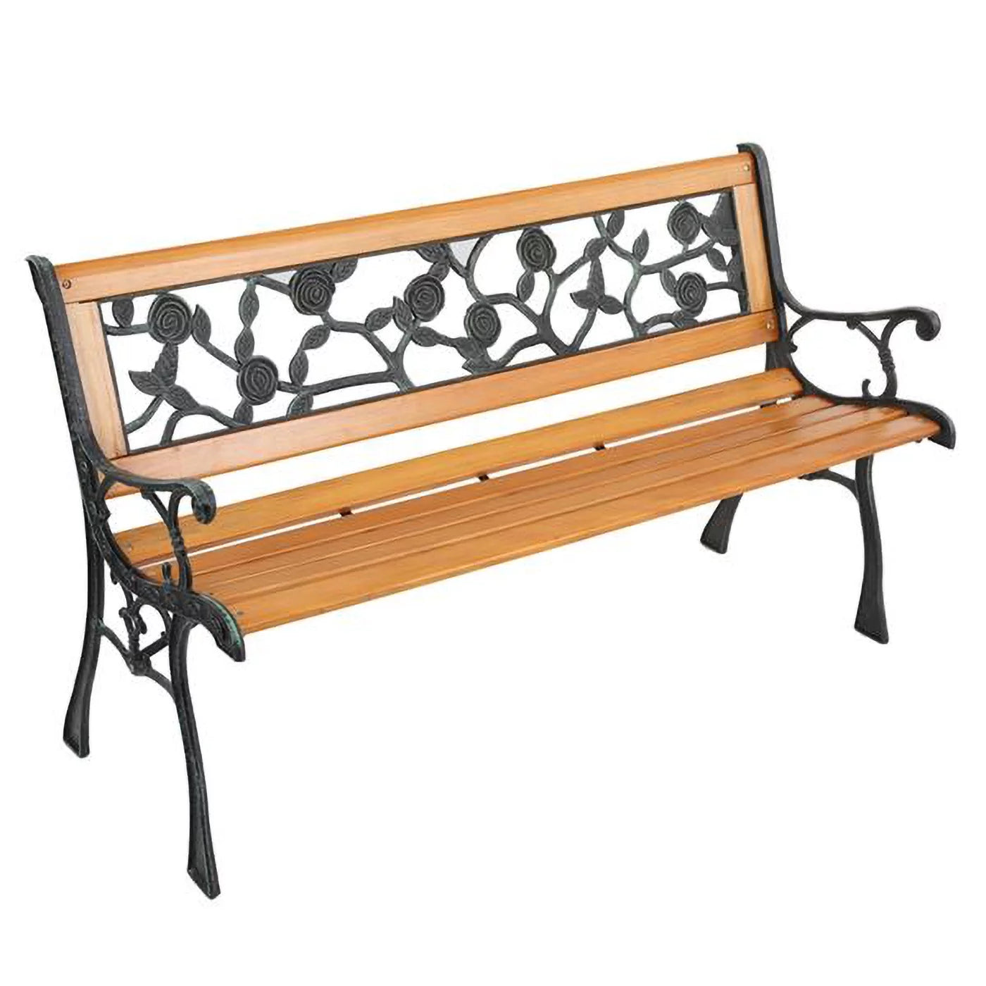 49-Inch Cast Iron Steel Frame Hardwood Garden Bench with Floral Design Backrest E14993