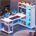 White L Shape Computer Desk with LED Light Shelves H907