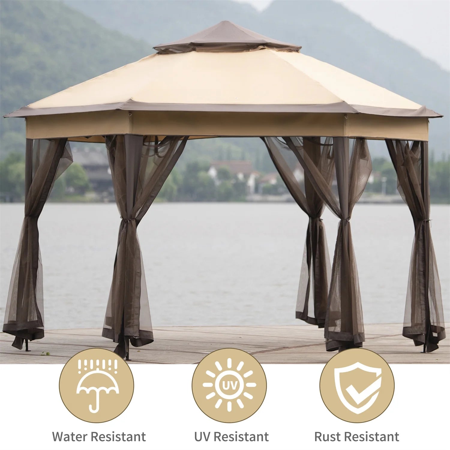 13x13FT Outdoor Gazebo with Mosquito Netting Sidewalls D1096
