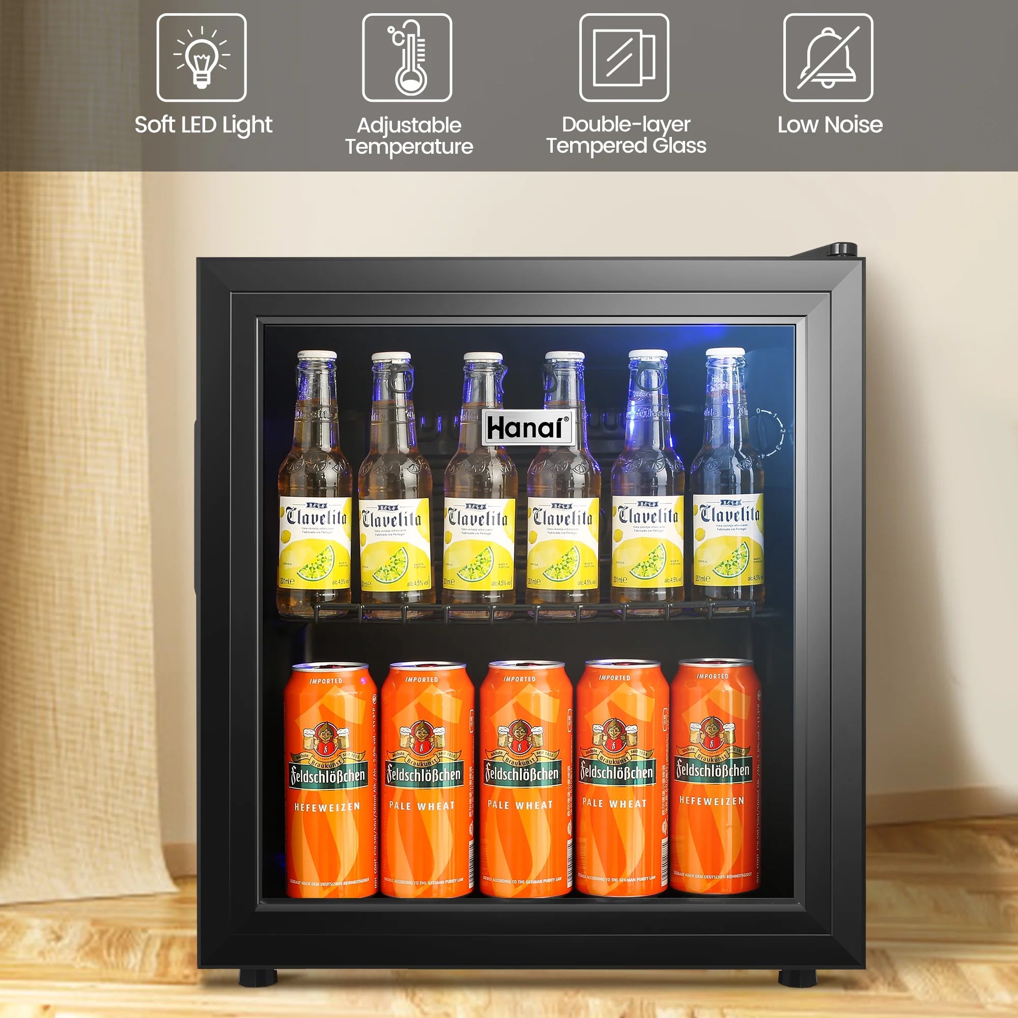 Mini Fridge with Glass Door 50 Can Cooler with Wine Rack, Stainless Steel Look J1212