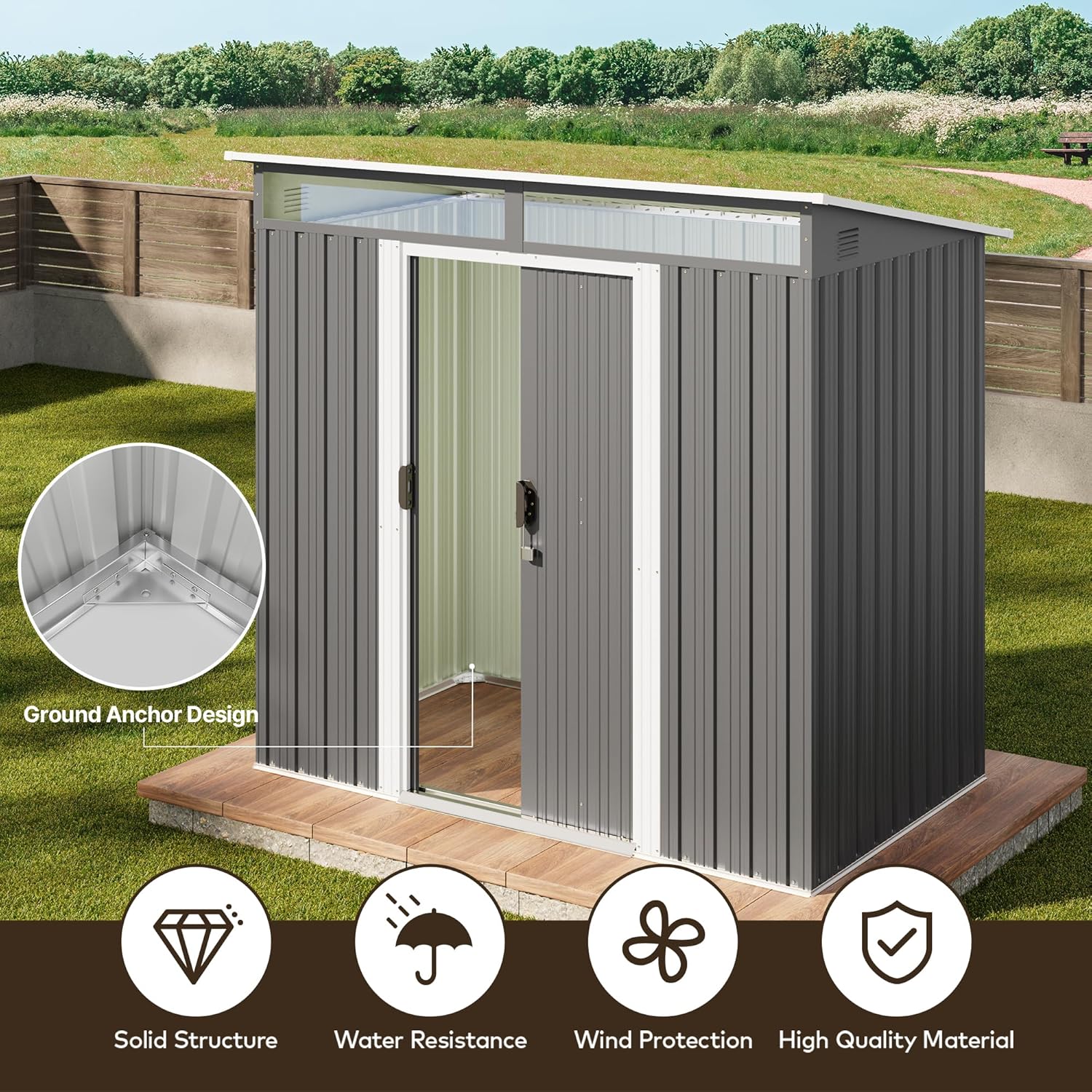6' x 4' Outdoor Metal Storage Shed with Sliding Doors Dark Gray P6142