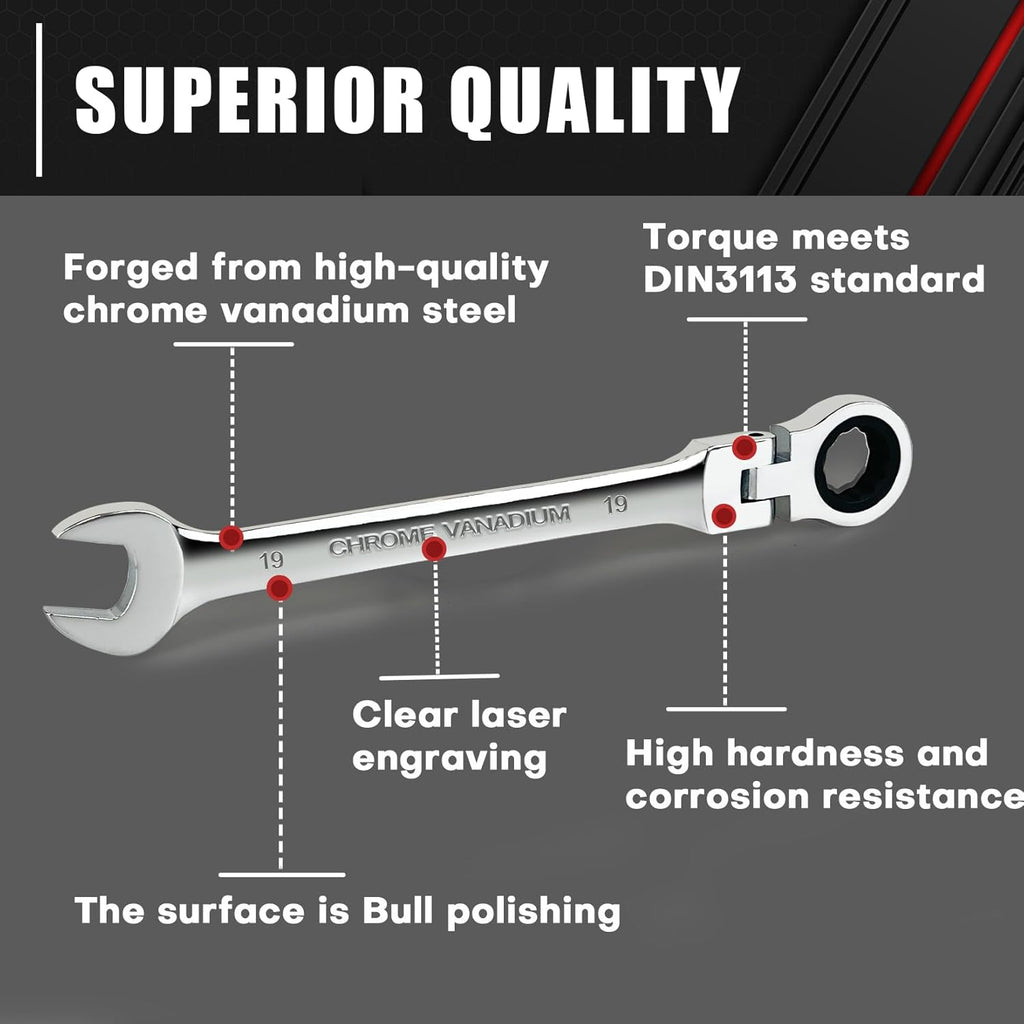 14-Piece 180° Flex-Head Ratcheting Wrench Set Metric 6-19mm 72 Teeth CR-V Steel C202029