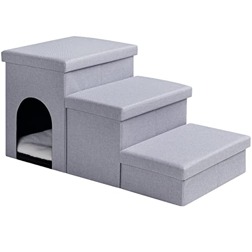 Gray 3 Steps Dog Stairs with Storage C87874
