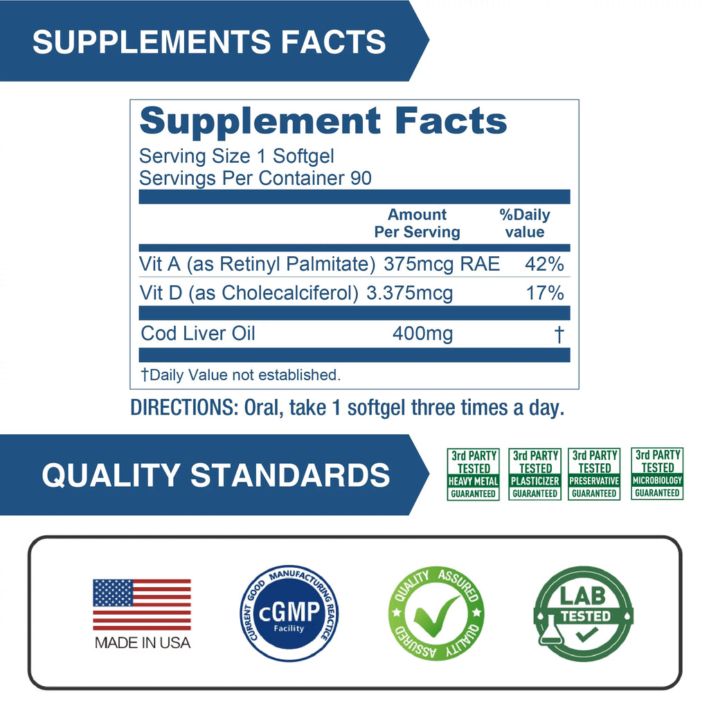 Cod Liver Oil 400 mg Omega 3 with Vitamin A & Vitamin D3 90 Softgels (Pack of 3) B862488