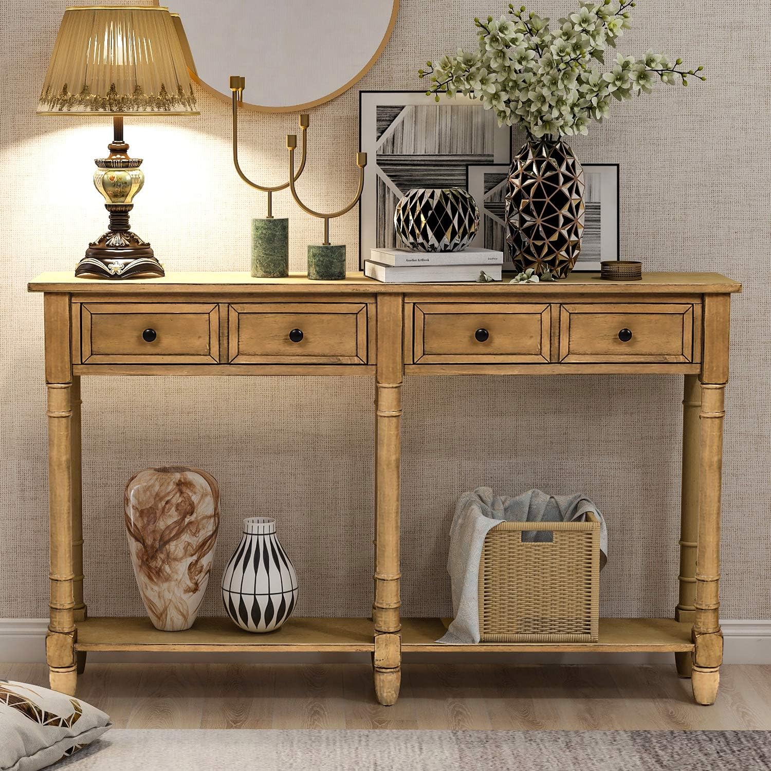 Old Pine Solid Wood Console Sofa with Two Storage Drawers and Bottom Shelf X61086