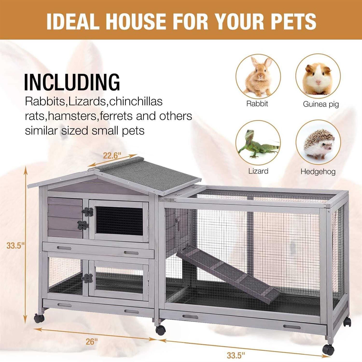 Bunny Cage Rabbit Hutch with Casters Waterproof Roof Pull Out Tray F561633
