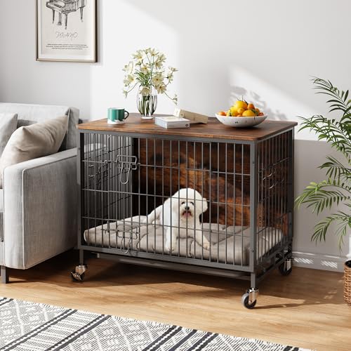 Brown Black Metal Dog Crate with Shelves W34545