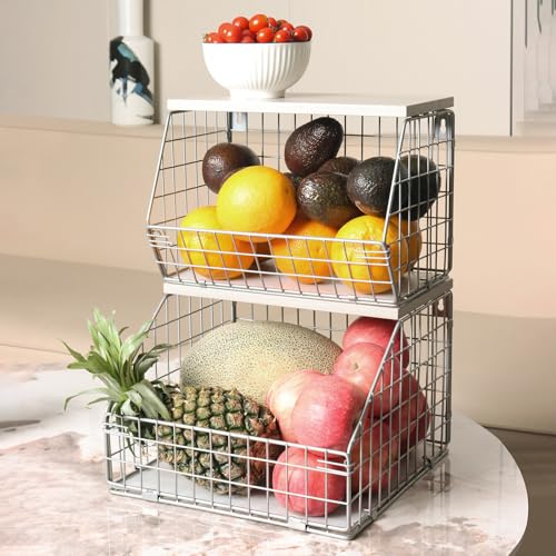 2-Tier Hanging Wire Basket with Wood Lid S172