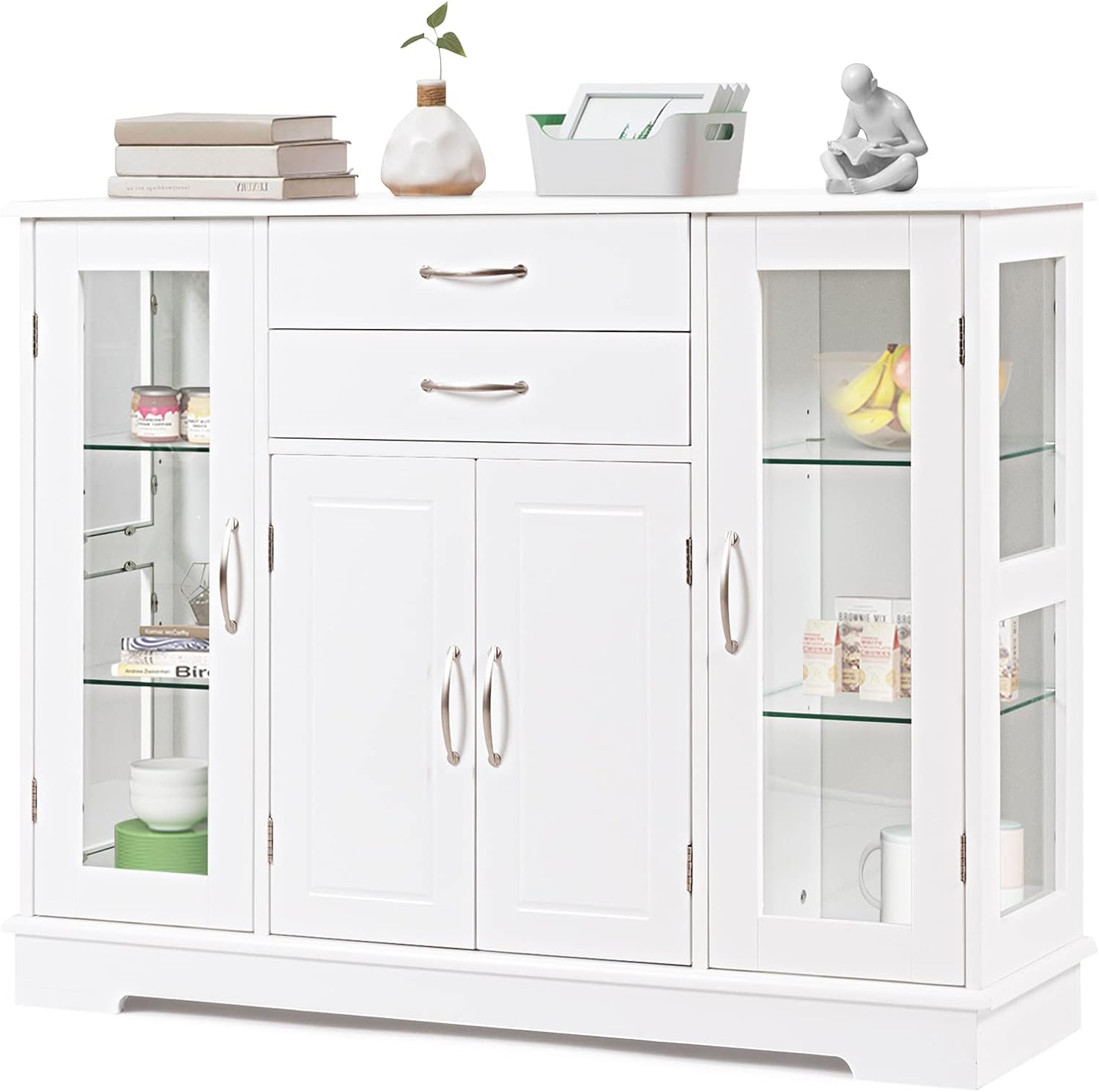 White Sideboard Buffet Server Storage Cabinet with 2 Drawers, 3 Cabinets and Glass Doors K83325