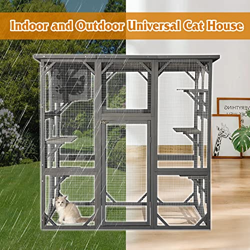 Grey Large Wooden Cat Enclosure with Platform D70169