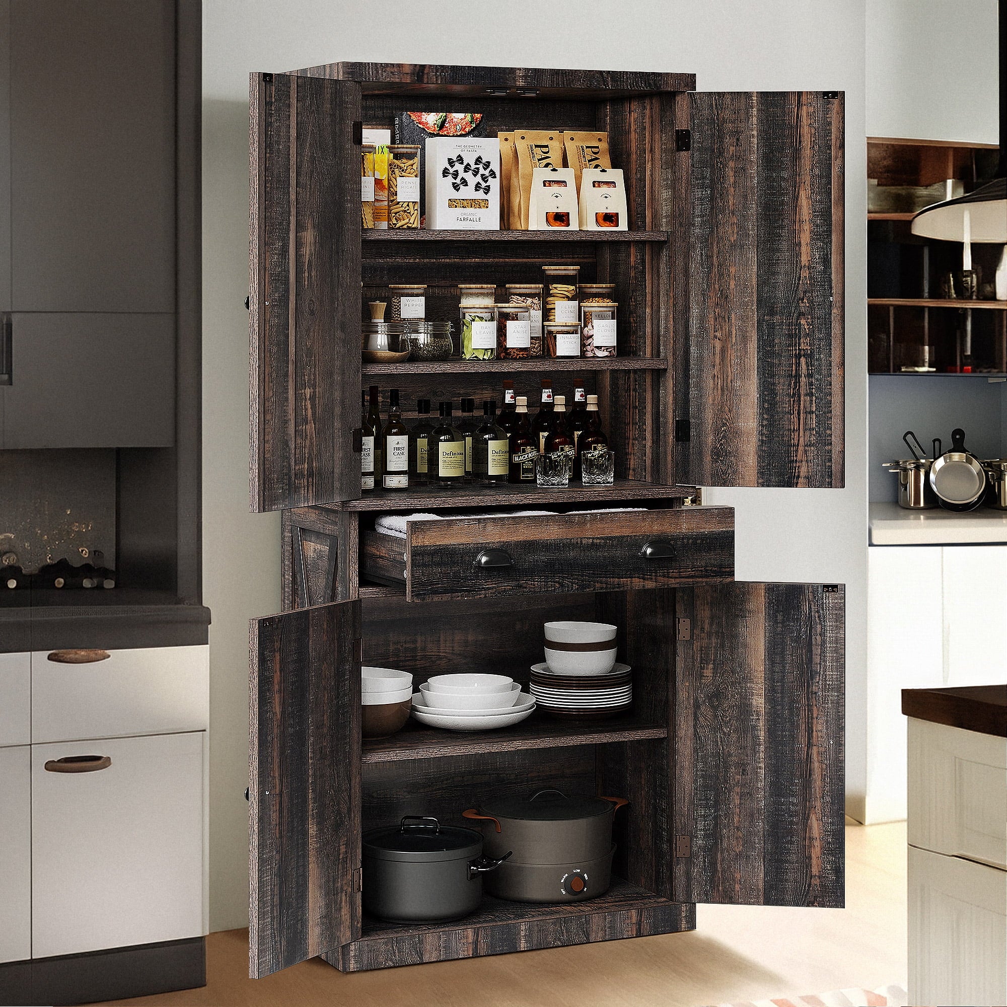 Rustic Oak 6-Tier Kitchen Pantry Storage Cabinet with 4 Doors T535147