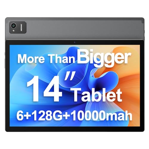 Space Gray 14 Inch Android 13 Tablet with 1200P IPS HD Screen, 8 Core, 6GB+128GB, Wi-Fi 5, 10000mAh Battery, 5MP+32MP Cameras E788