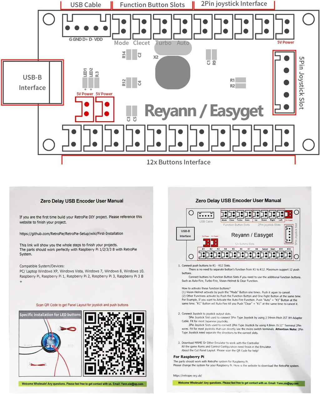 4 Player LED Arcade DIY Kit with Joystick, Buttons, USB Encoder Y4336