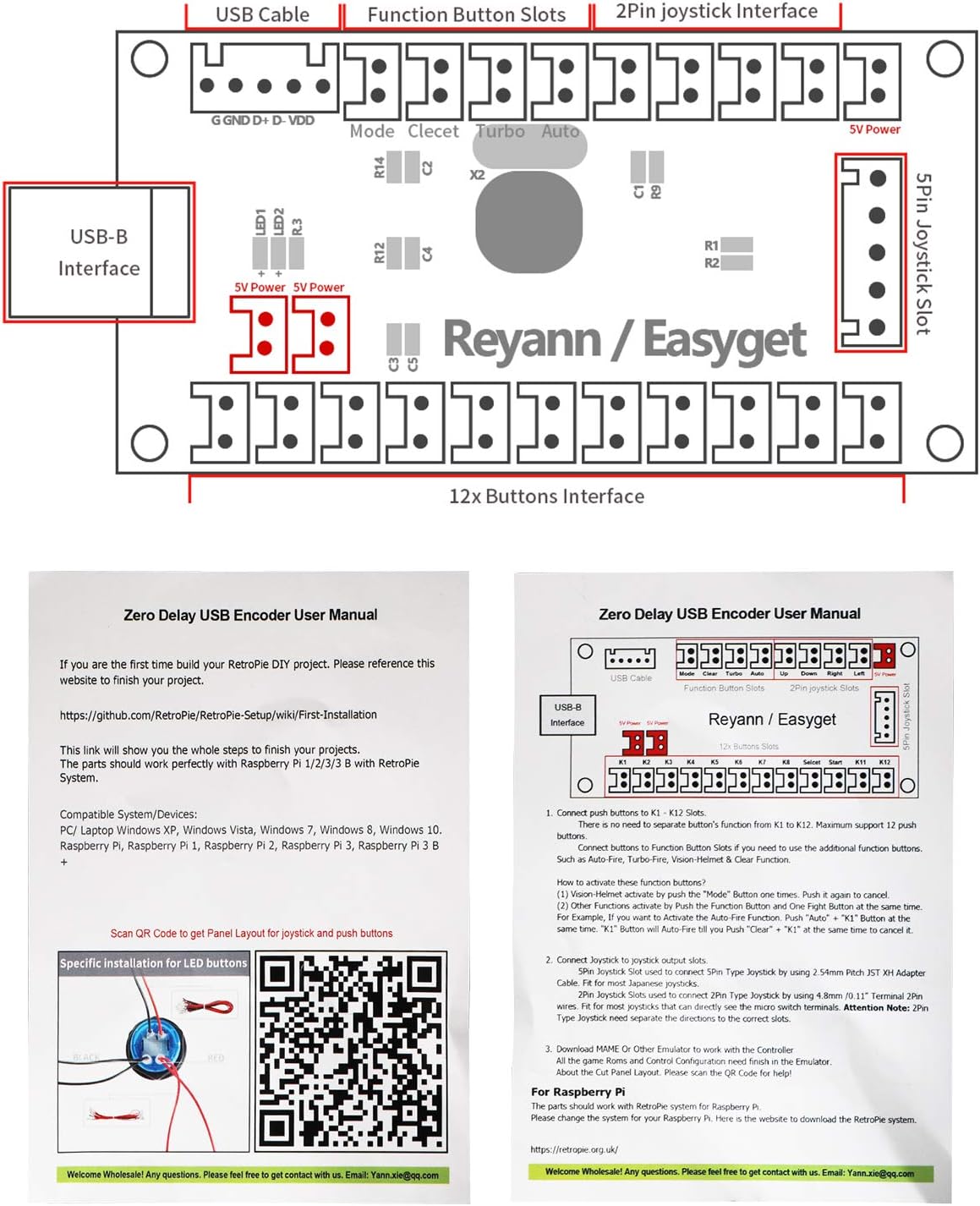 4 Player LED Arcade DIY Kit with Joystick, Buttons, USB Encoder Y4336