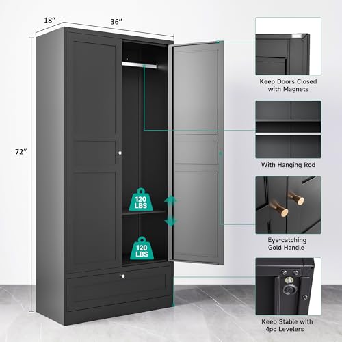 White Metal Wardrobe Cabinet with Adjustable Shelves and Hanging Rod A913069