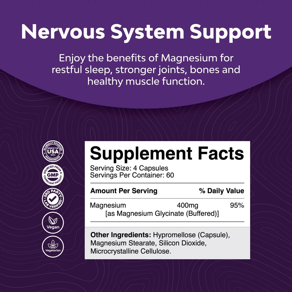 Chelated Pure Magnesium Glycinate 400mg per serving Vegan 400mg Elemental Magnesium Buffered Chelate V926