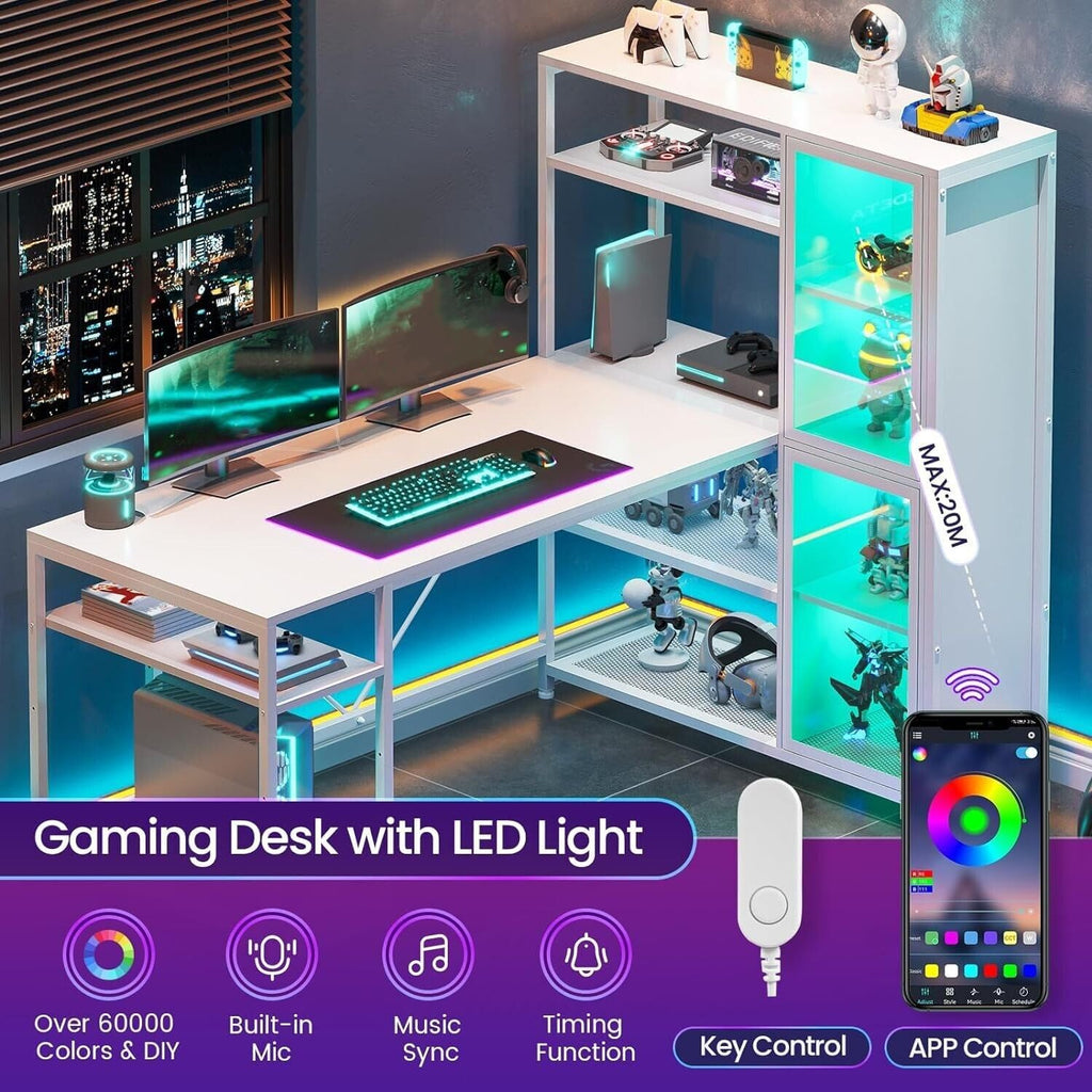 White L Shape Computer Desk with LED Light Shelves H907