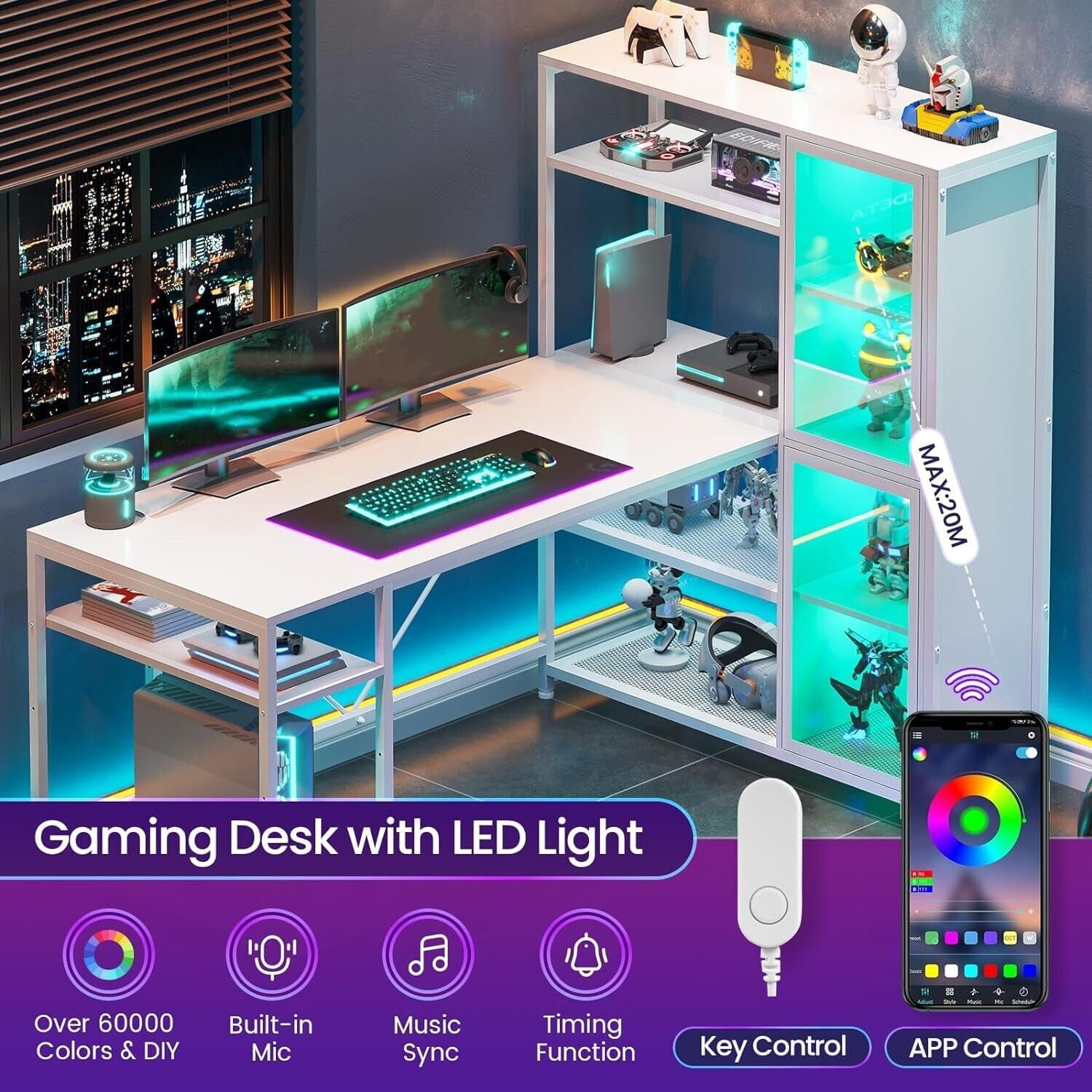 White L Shape Computer Desk with LED Light Shelves H907