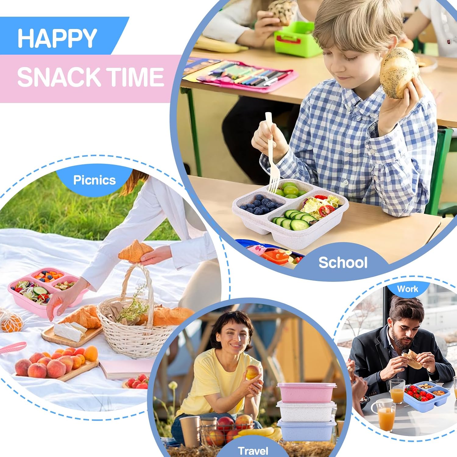 4 Pack 5 Compartments Divided Lunch Containers with Utensils E10570