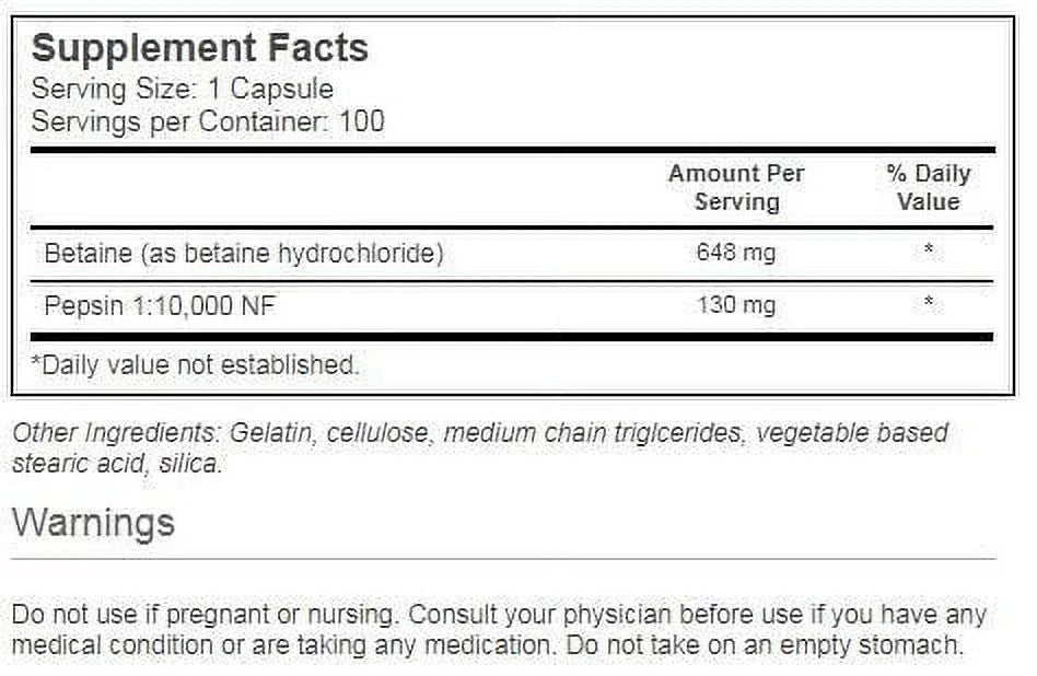 100 Ct Betaine HCl Capsules K4890
