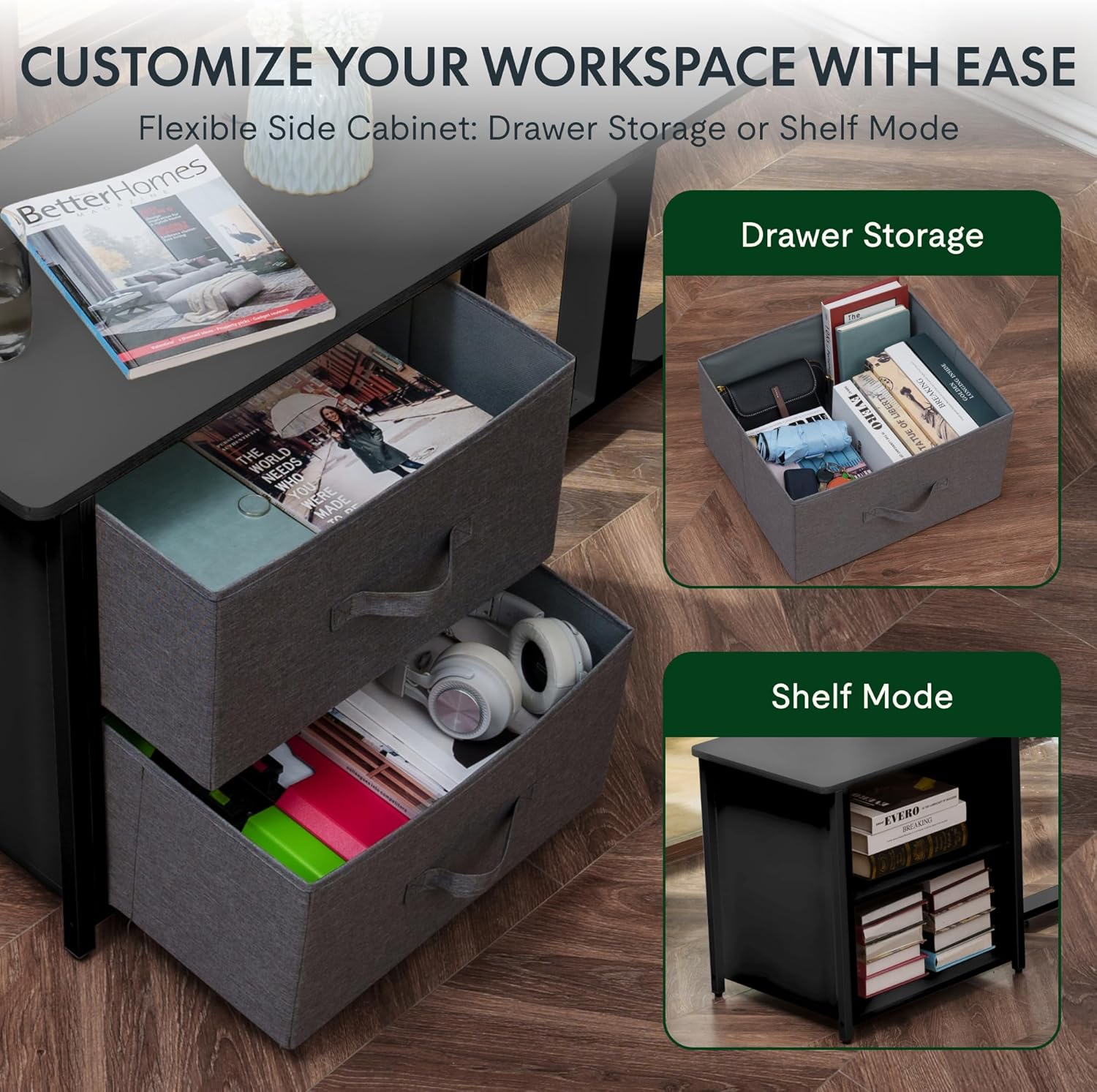 Black L Shaped Standing Desk with Drawers H38219