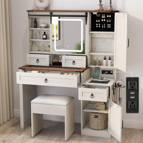 White 42" Glass Tabletop Vanity Desk with Mirror and Lights, 4 Drawers B73755