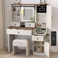 White 42" Glass Tabletop Vanity Desk with Mirror and Lights, 4 Drawers B73755