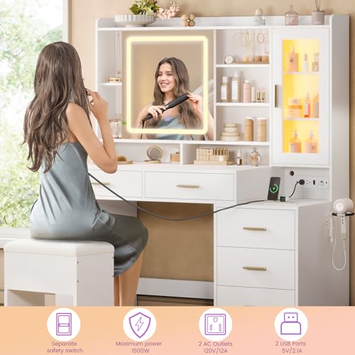 White 47.2"W Vanity Desk with Sliding LED Lighted Mirror, Drawers, Shelves and Side Storage R245260
