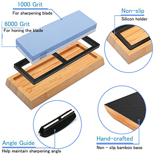 Double Sided 1000/6000 Grit Knife Sharpening Stone Kit with Bamboo Base and Angle Guide F707046
