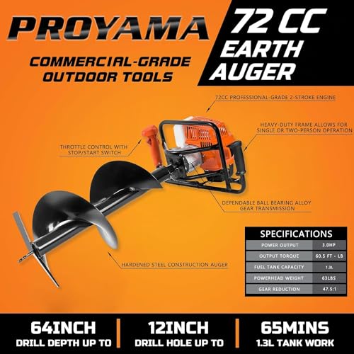 54cc Gas Powered 2 Cycle Earth Auger with 4 Drill Bits 4" 6" 8" 12" and Extension Rod 12" 20" R31238