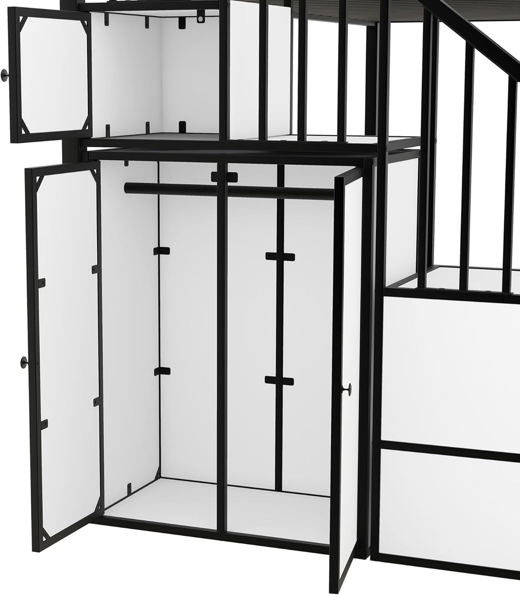 Black+White Twin Over Twin Metal Bunk Bed with Stairs and Storage Z273