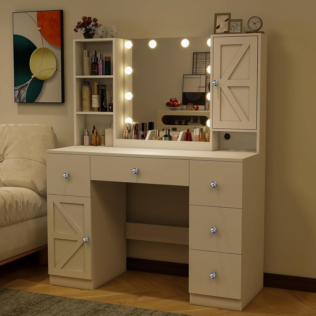 White 45" Makeup Vanity Desk with Lighted Mirror & Jewelry Cabinet, 5 Drawers Q271