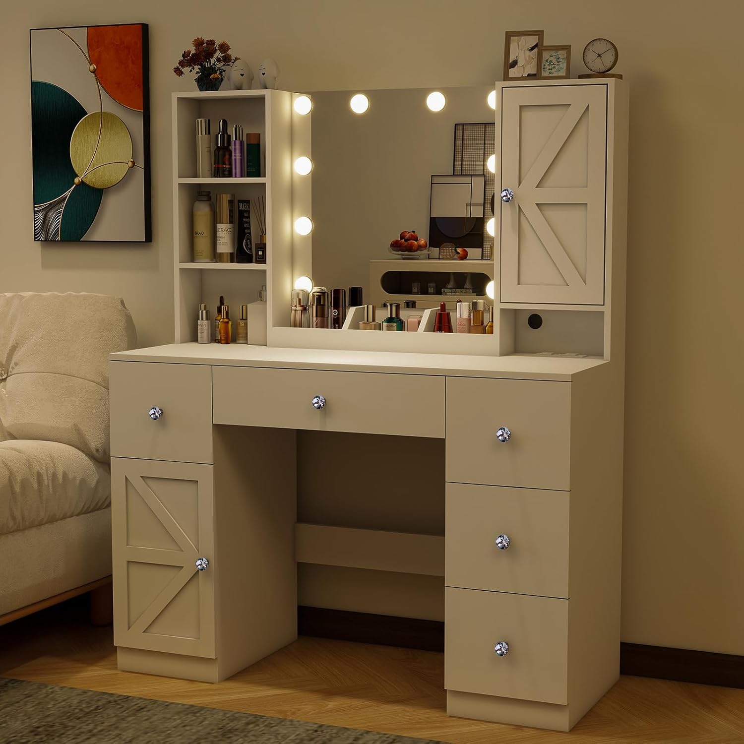 White 45" Makeup Vanity Desk with Lighted Mirror & Jewelry Cabinet, 5 Drawers Q271