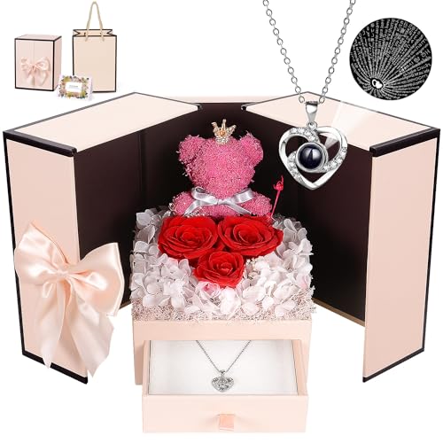Preserved Rose Moss Bear with I Love You Necklace Roses U354454